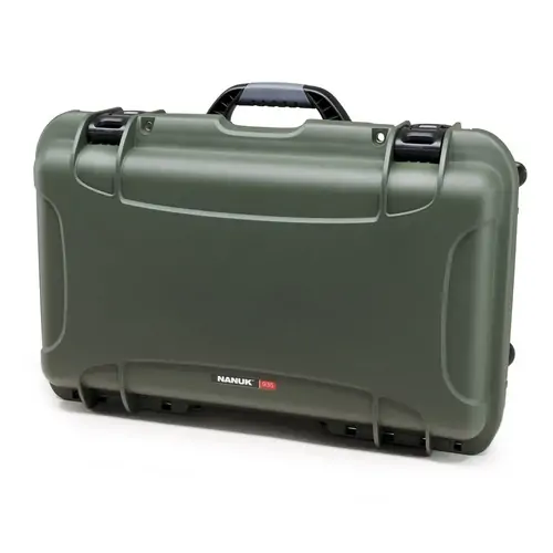 Nanuk 935 Case standing on its side with carrying handle visible - Olive colour