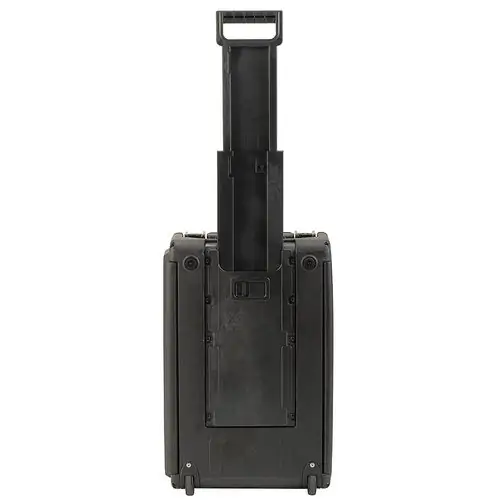 SKB 1SKB-ISF2U Injection Moulded 2U Studio Flyer Rack Case with Wheels - With retractable telescopic handle extended.