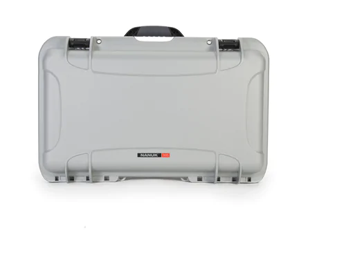 Nanuk 935 Case standing on its side with carrying handle visible - Front View - Silver colour