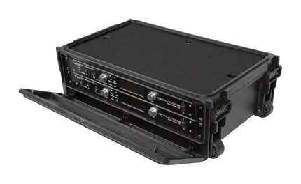 SKB 1SKB-ISF2U Injection Moulded 2U Studio Flyer Rack Case with Wheels - With example rack blades and side of case open.
